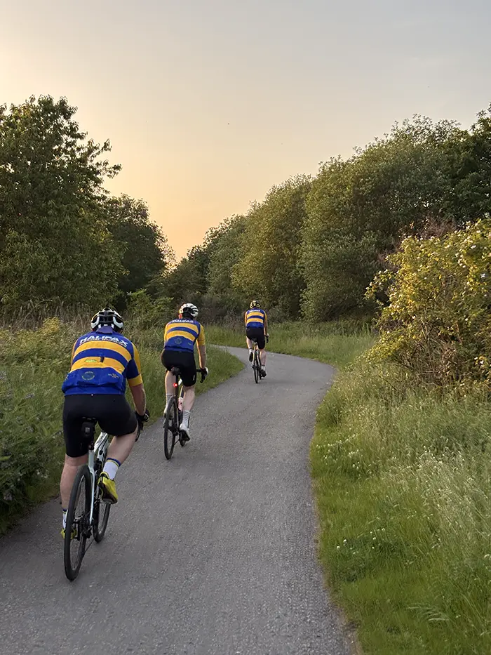Riders on a green countryside lane
